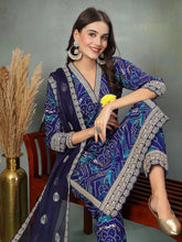 Women's Blue Bandhani Print & Embroidered Muslin Straight Kurta Pant Dupatta Set-KPDBLUEBANNO